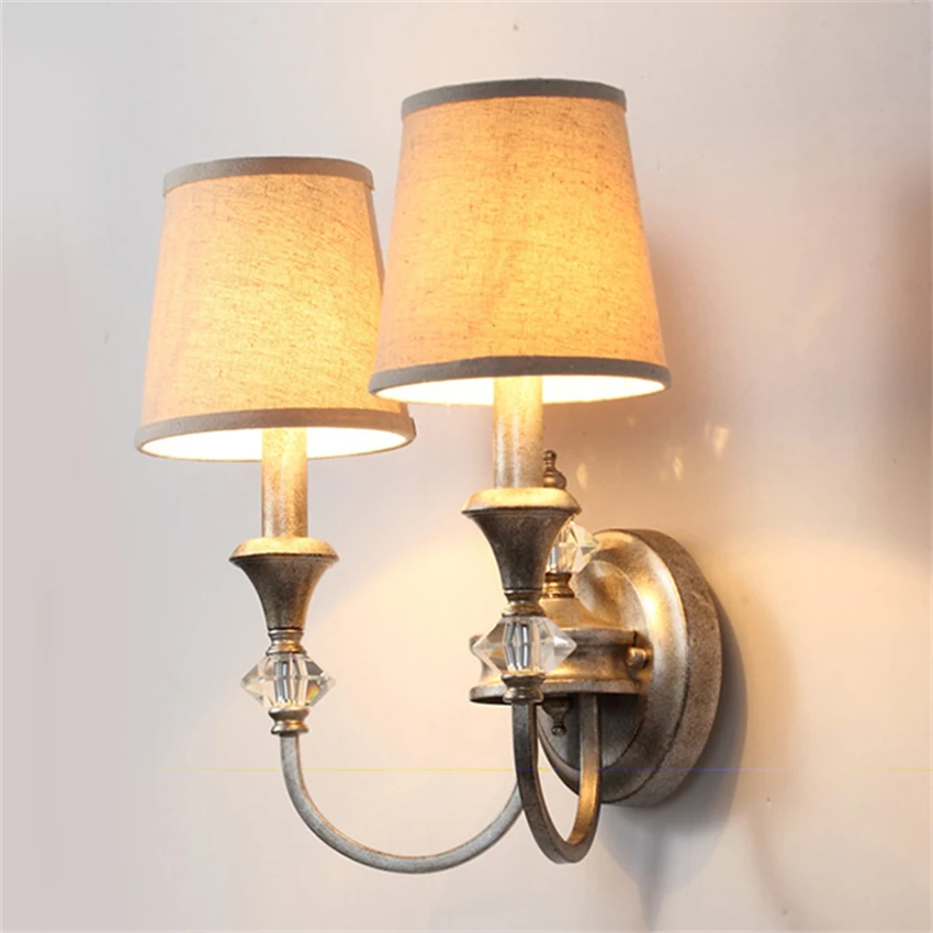 French American vintage silver wall lamps pastoral candlestick crystal decoration bedroom iron mirror front wall sconces lights