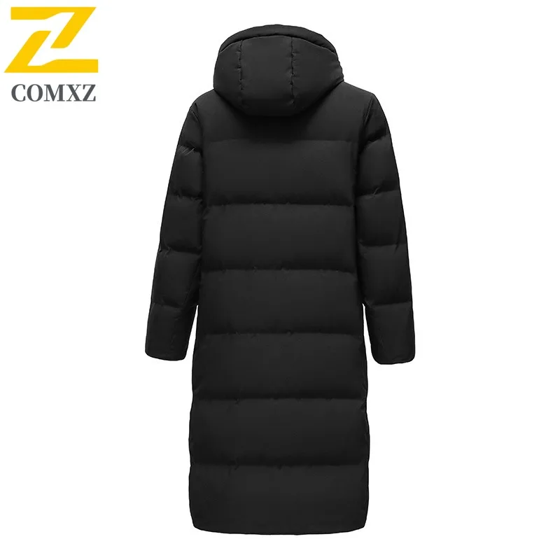 COMXZ 2025 Unisex Down Jacket Solid Color Hooded Hiking Travel Warm Long Coat High Quality White Duck Down Winter Filler Down