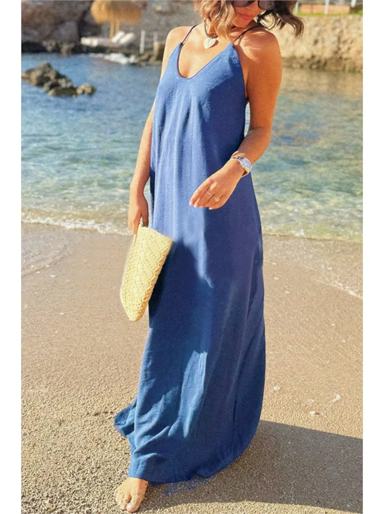 

Summer Fashion Spaghetti Strap Beach Chic Loose Dresses Women Elegant Sleeveless Party Dress Backless Simple Solid Ladies Dress