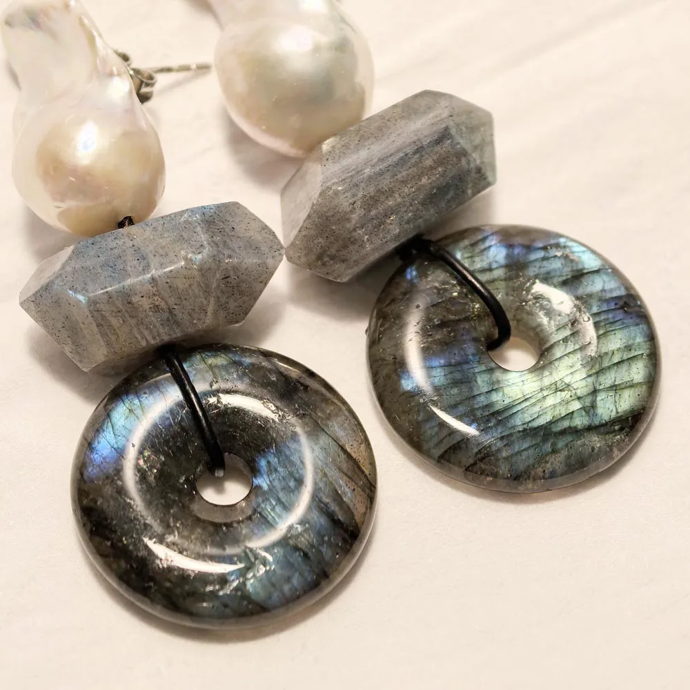 

MTC·STAR Z14566 2.5" 25mm White Baroque Keshi Pearl Cube Safety Snap Colorful Tourmaline Dangle Earring