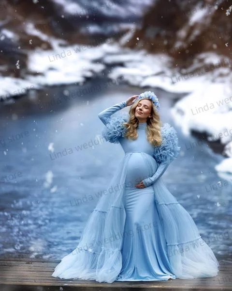 Illusion Sky Blue Maternity Dresses for Women Ruffles Full Sleeves Vestidos De Noche  Babyshower Gowns for Photography Props