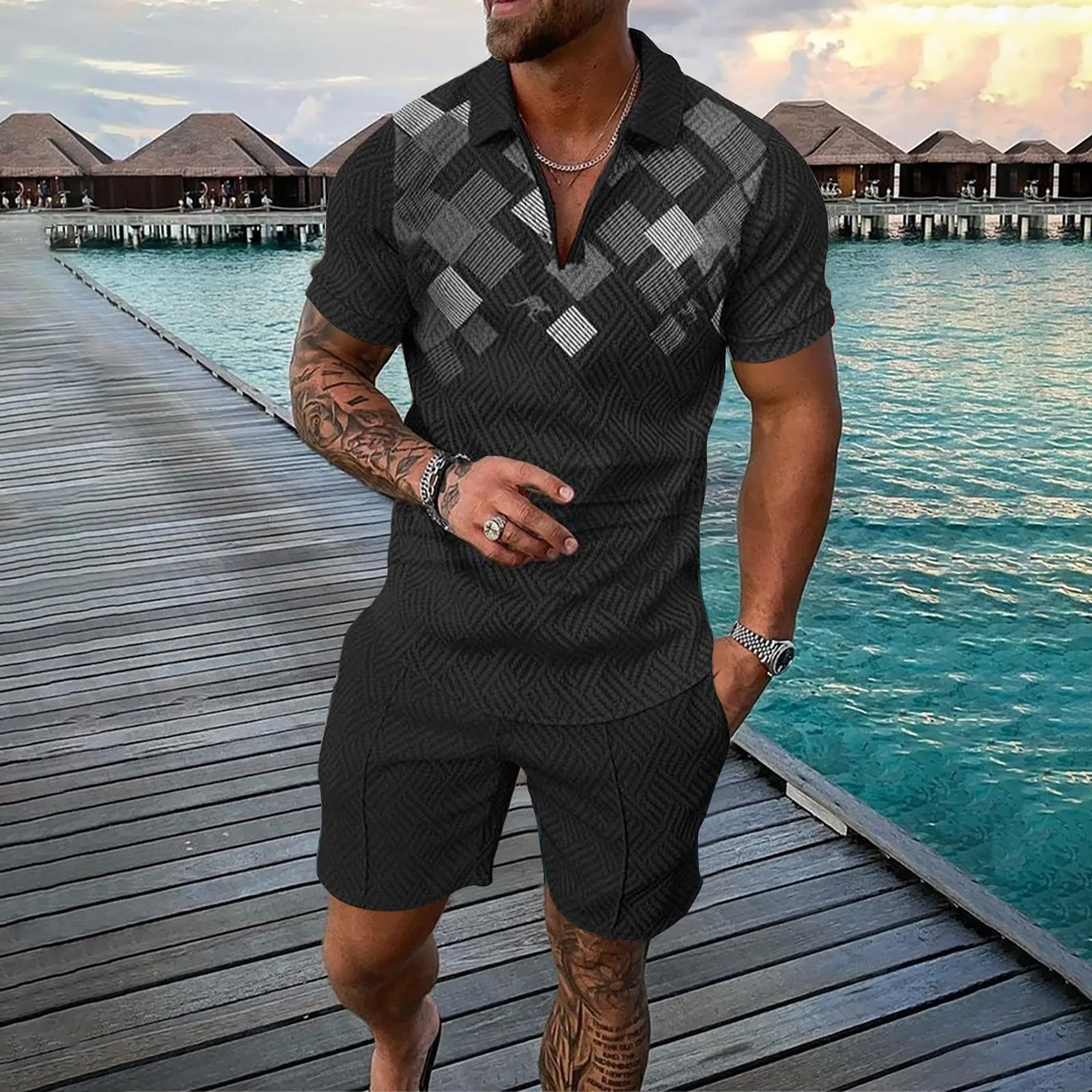 

Men's Trendy Fashion Casual Suit Men's Lightweight Breathable Suitmen's Printed Shirt Lapel Short Sleeve Shorts Two Piece Suit