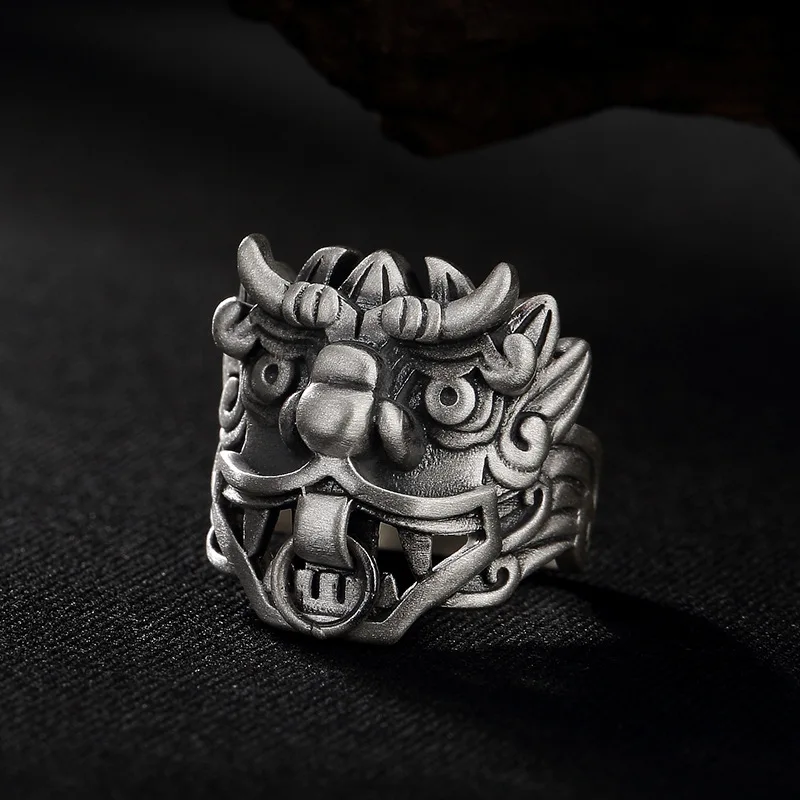 925 Thai silver retro relief gluttonous mens rings domineering unique men's and women's ring adjustable banquet jewelry gifts