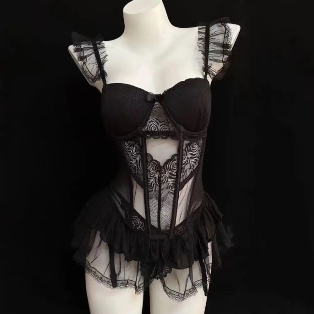 

Pajamas Bow Flower Lace Nightgown Transparent Women Lingerie Camisole Nightwear Sweet Ruffle Mesh Nightdress Girl