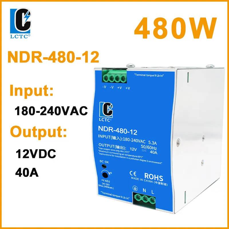 LCTC-Schaltnetzteil NDR-75W 120W 240W 480W Industrielles DIN-Schiene 12V 24V 48V AC/DC-Leistungstransformator mit Einzelausgang
