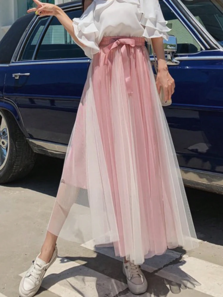 Offre spéciale été jupes longues plissées a-ligne taille élastique fée jupe à plusieurs niveaux femmes 2 couches couleur contraste jupes pour femmes