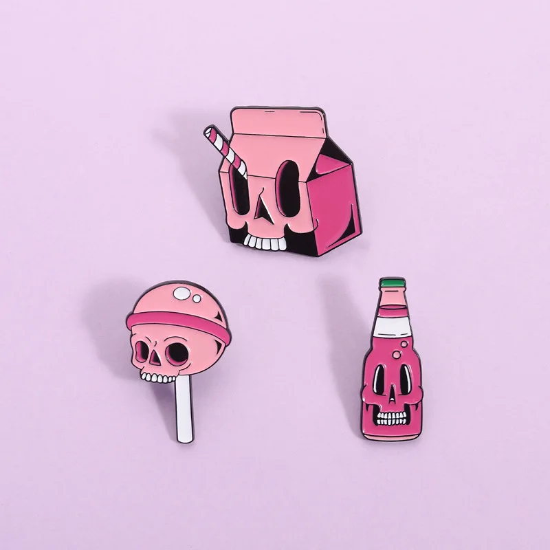 3pcs Pink Skull Drinks Enamel Pin Set Brooches for Backpack Clothing Jewelry