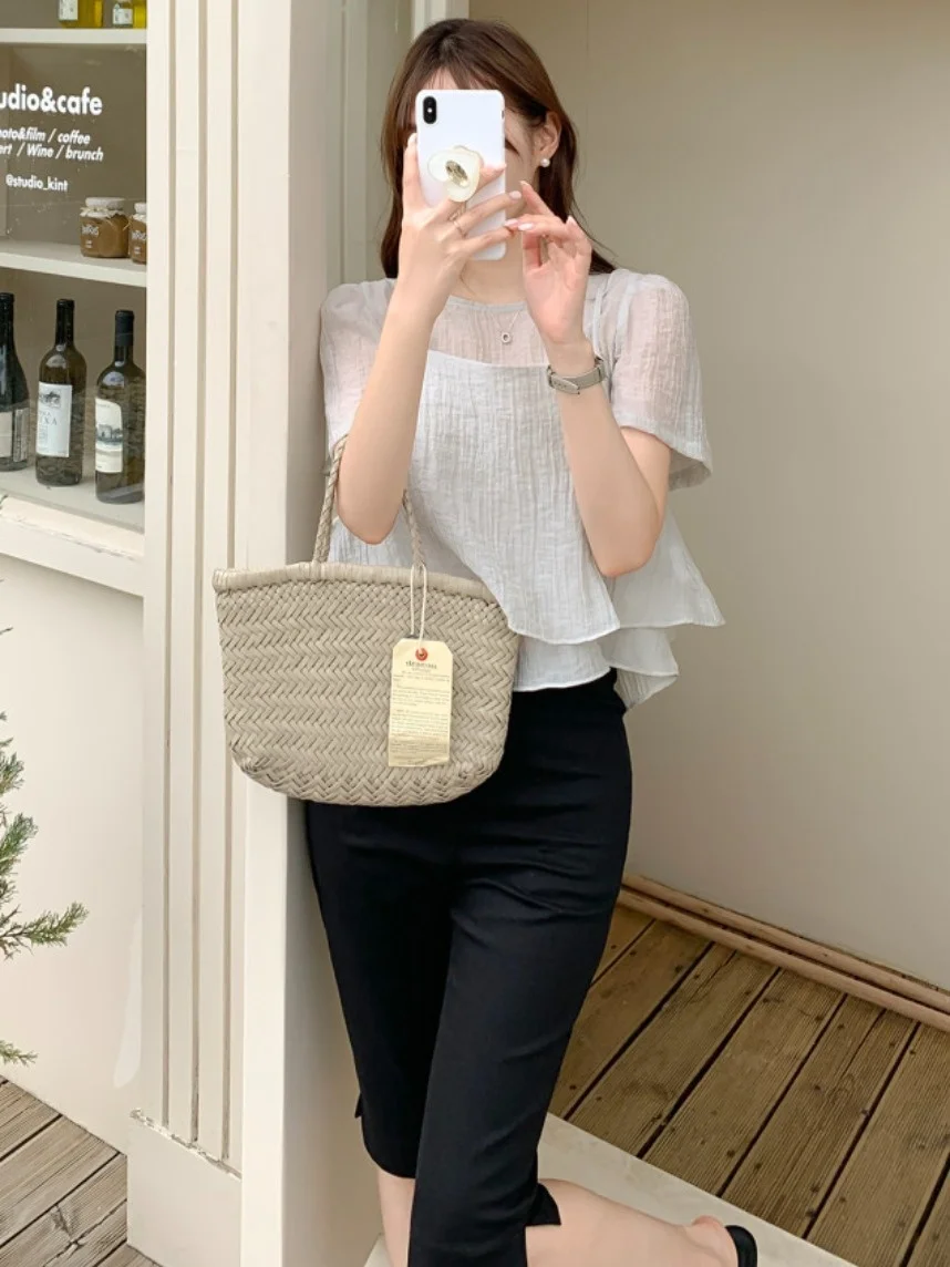 Soft Wind Chiffon Top Damen rund Ne Bubble Sve Texture Sensation Sommer Zweiteiliges Set Pendeln Sle ort Sve Inne...