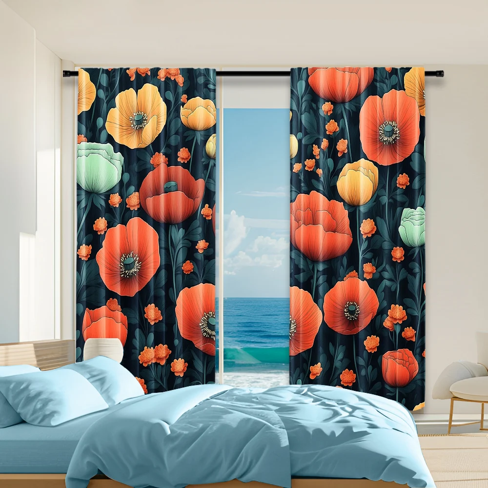 

2 pcs, versatile polyester transparent curtains for home decoration Dark Floral for use in bedrooms and living rooms