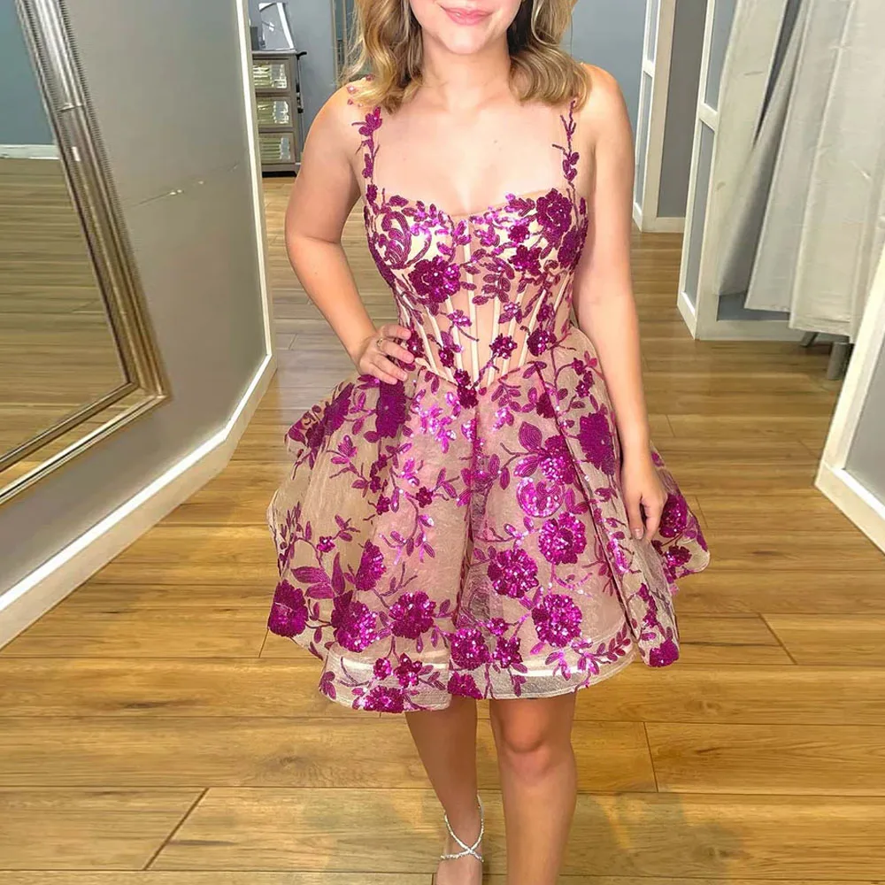 Customized Fuchsia Sequin Floral Homecoming Dresses 2025 Spaghetti Strap Illusion Mini Cocktail Dress Ruffles Corset Gown