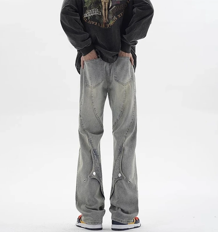 

American Retro Blue Men's Jeans High Street Vibe Pants Small Design Sense Button Deconstructed Straight Leg Micro Flare Long ...