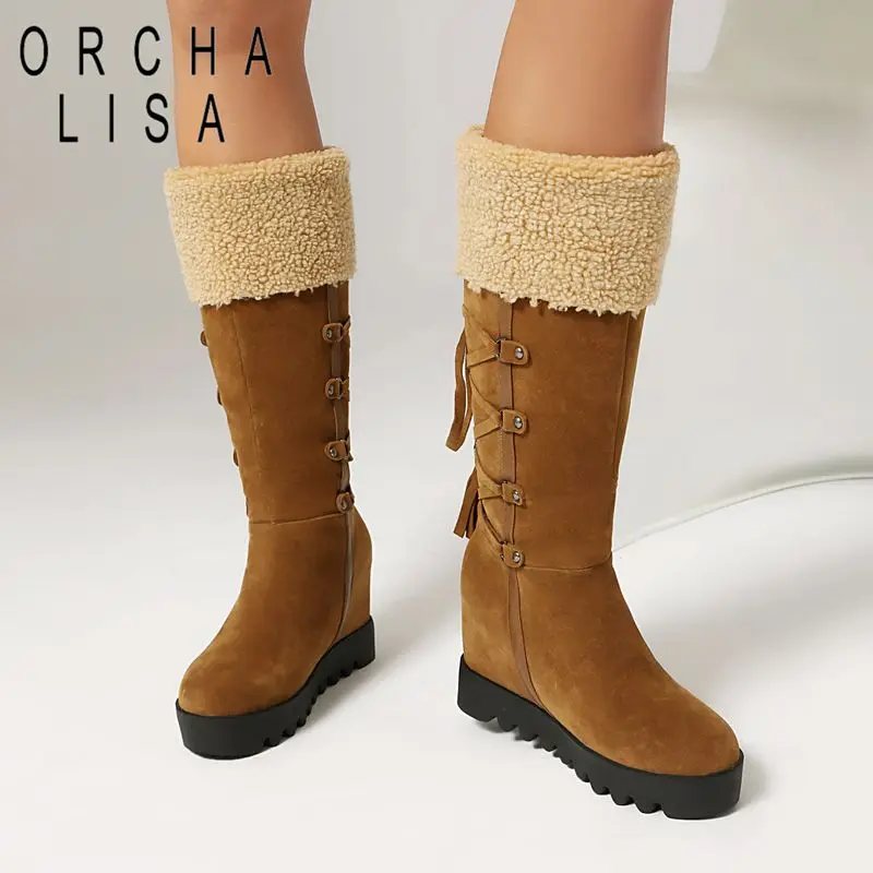 

ORCHA LISA 2025, новый стиль, женские сапоги до колена с круглым носком, 8,5 см, на приподнятом каблуке из флока, замши с кисточками, большие размеры 41–43 на каждый день