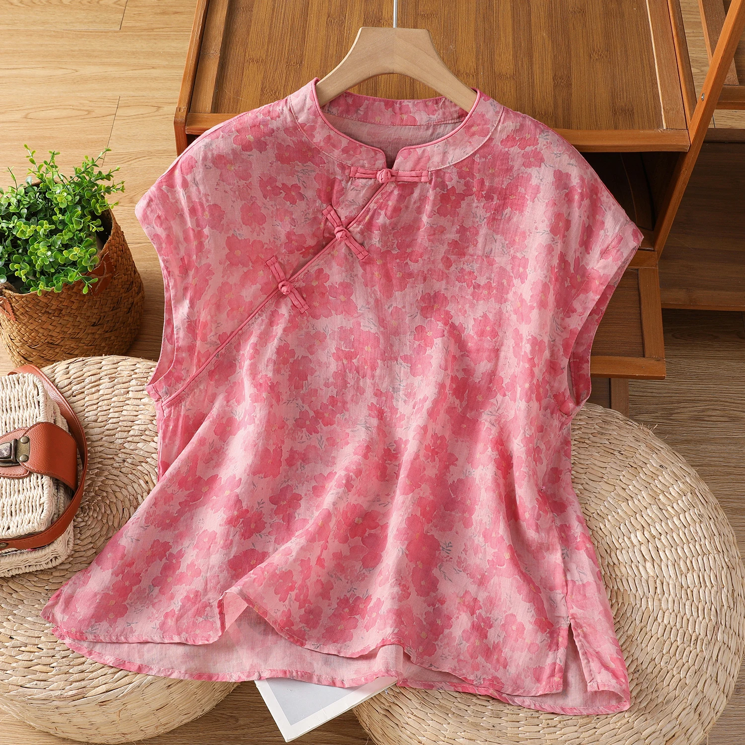 

Summer New Sle Artistic Print Flax New Chinese Sle Slimming Agel Svel Women's Ethnic Wind irt Top Commute Sle