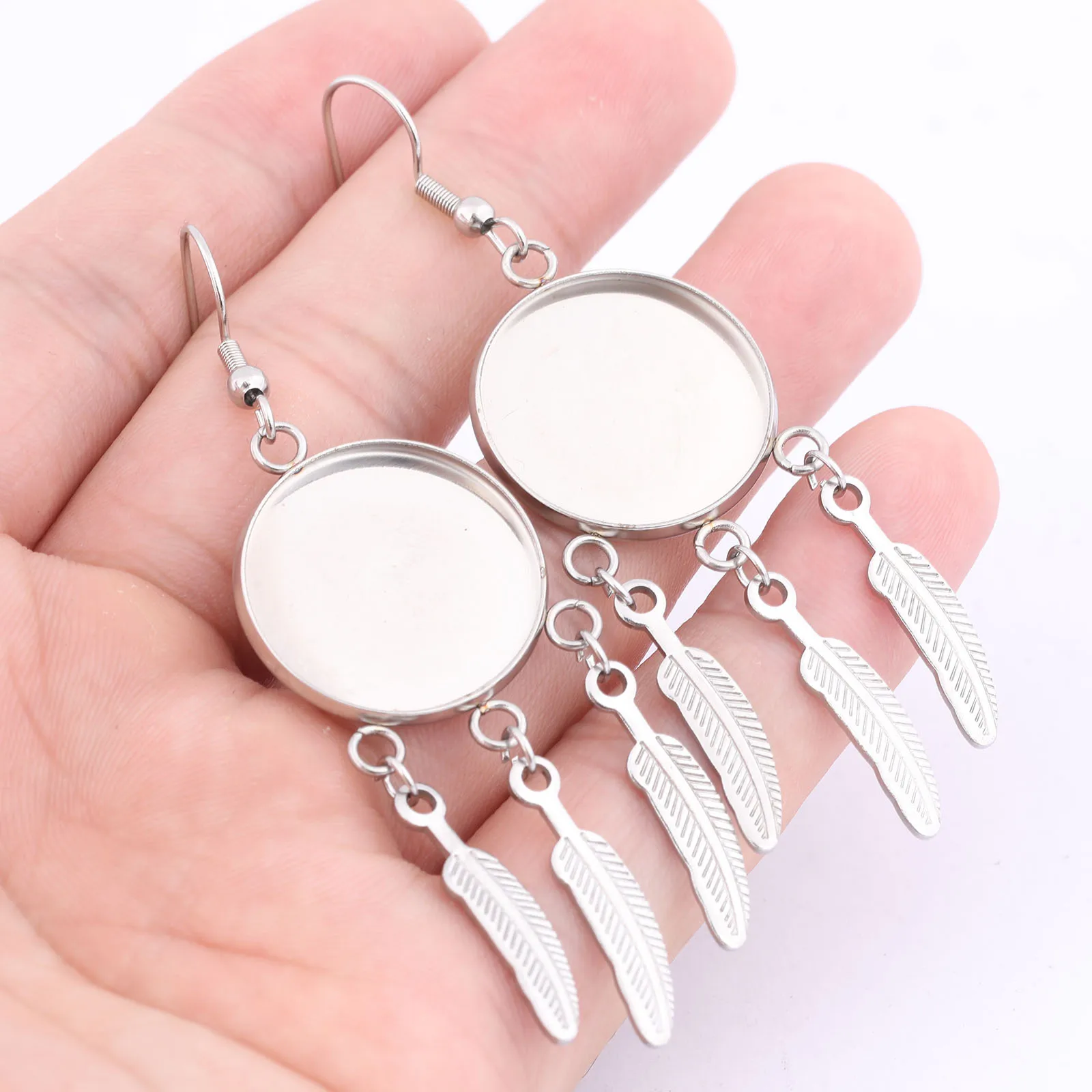 

6pcs stainless steel earring bezel blanks fit 20mm cabochon earrings base settings with feather charms diy findings