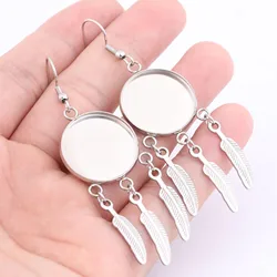 6pcs stainless steel earring bezel blanks fit 20mm cabochon earrings base settings with feather charms diy findings