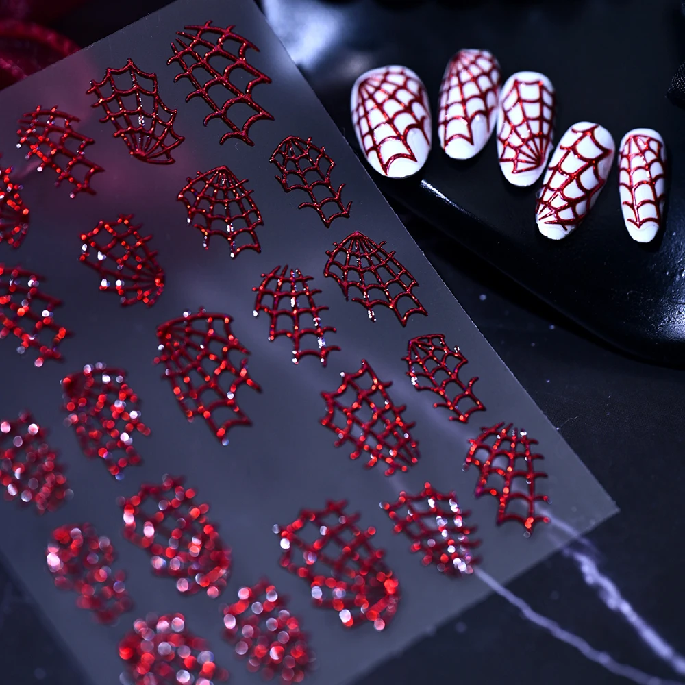 1 Blatt 3D Holographische Glitzer-Spinnennetz-Nagelaufkleber Halloween Glänzende Laser-Spinnennetz-Nagelsticker Selbstklebende Nageldekoration – Detail 5