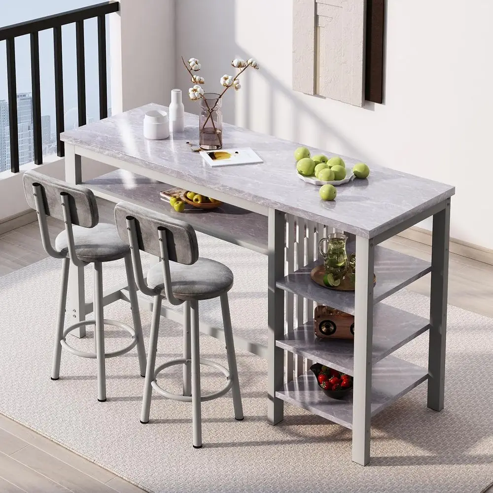 3-Piece Bar Table and Chairs Set, ern Gray Table with 2 PU Cushion Bar Stools, Kitchen Counter with 3 Tier Storage Shelves, Spac