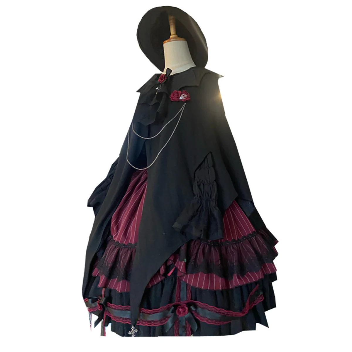 Francese Retro Dark Style Lolita Elegant Girls JSK Cosplay Goth Vampire Witch Halloween Rose Striped Netting Bow abito arruffato