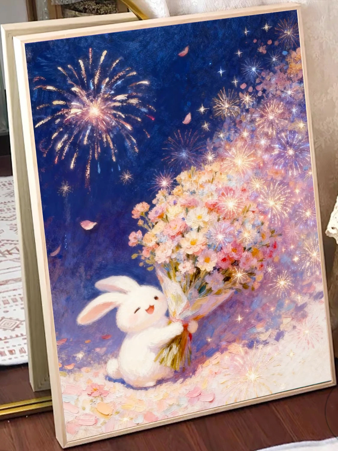 

Простая алмазная вышивка с мультяшным кроликом для декора спальни, дизайн с искусственными бриллиантами и цветами, без рамки, современный стиль