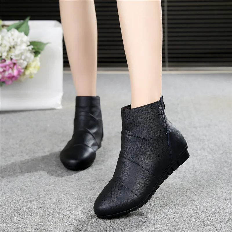 WOIZGIC Women\'s Ladies Female Mother Genuine Leather Shoes Platform Ankle Boots Zipper Autumn Winter Warm Plush Fur Plus Size