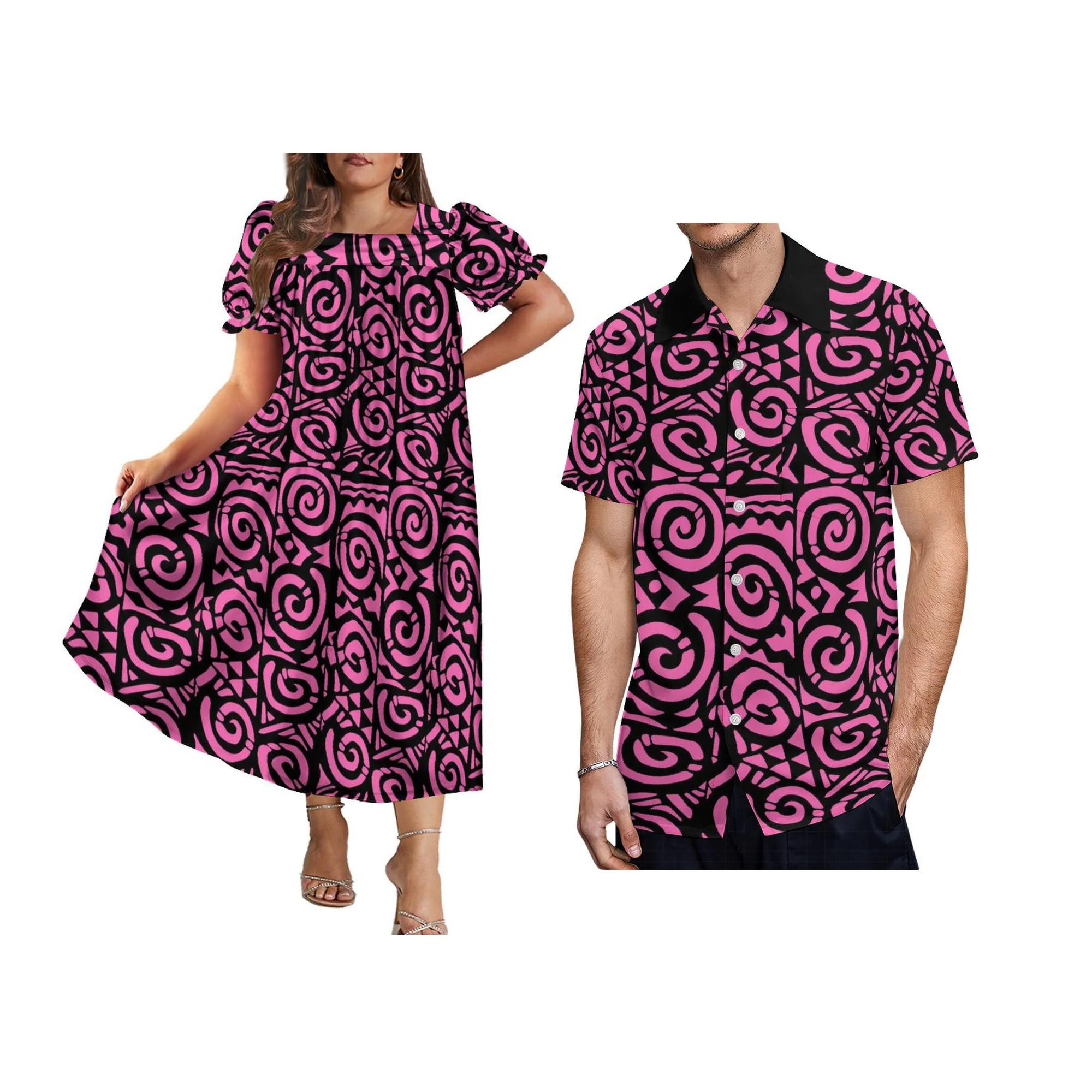 Square Neck Pufy Plus Size Women Pacific Island Dress  $19.90 Price shown before tax Hot Sales Custom Print Hem Widened Microne