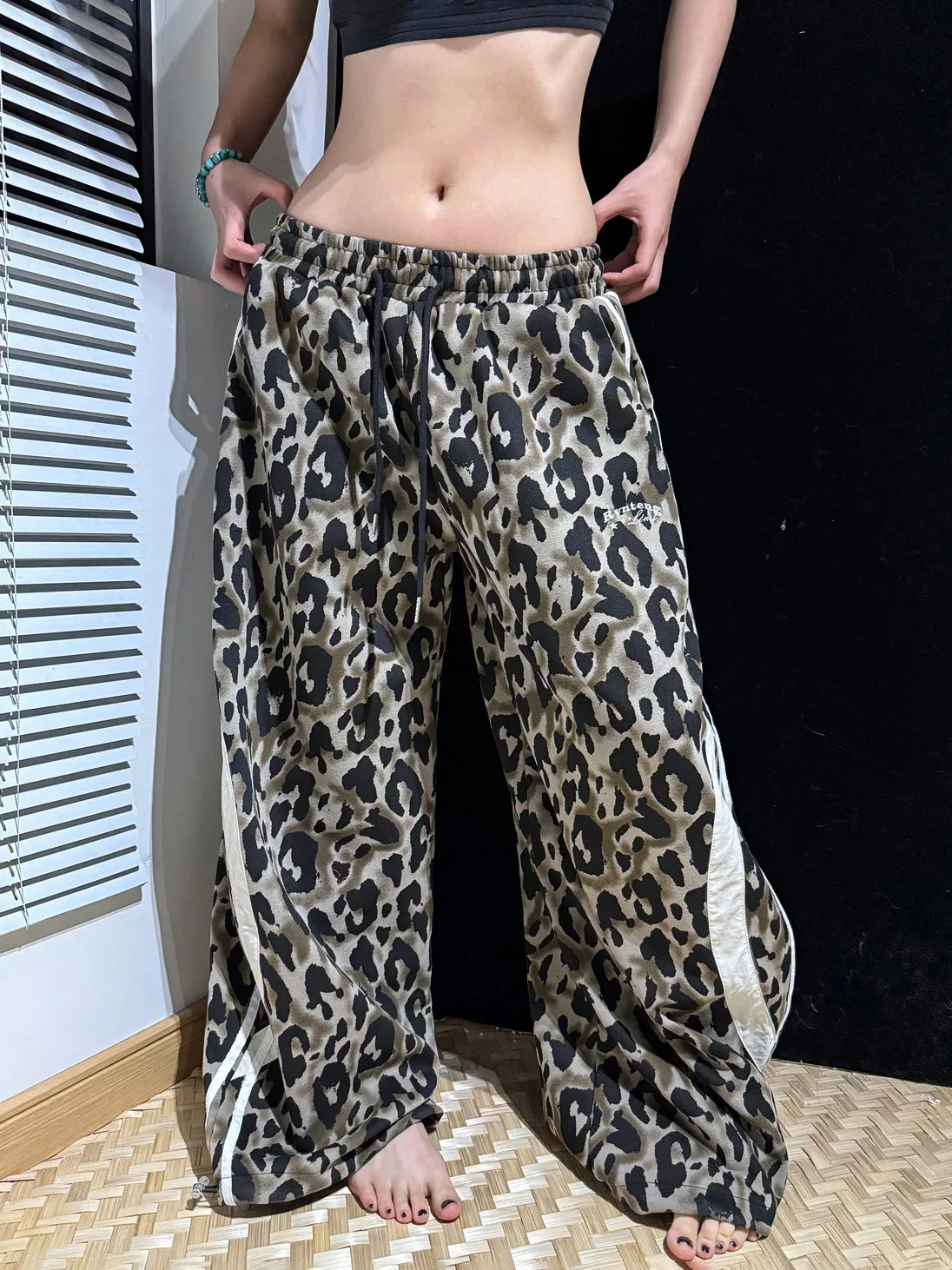 Leopard Print Pants Women Hipster Fall Sporty Patchwork Stripes Autumn Trend Basic Streetwear Casual Jazz Dance Loose Trousers