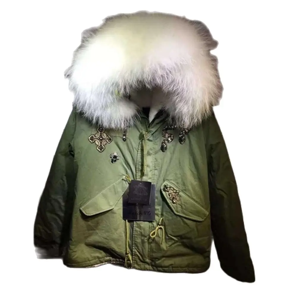 

Army green Short Cotton Parka Faux Fur Lining High Quality Fur Coat For Women With Snake Pattern Beading