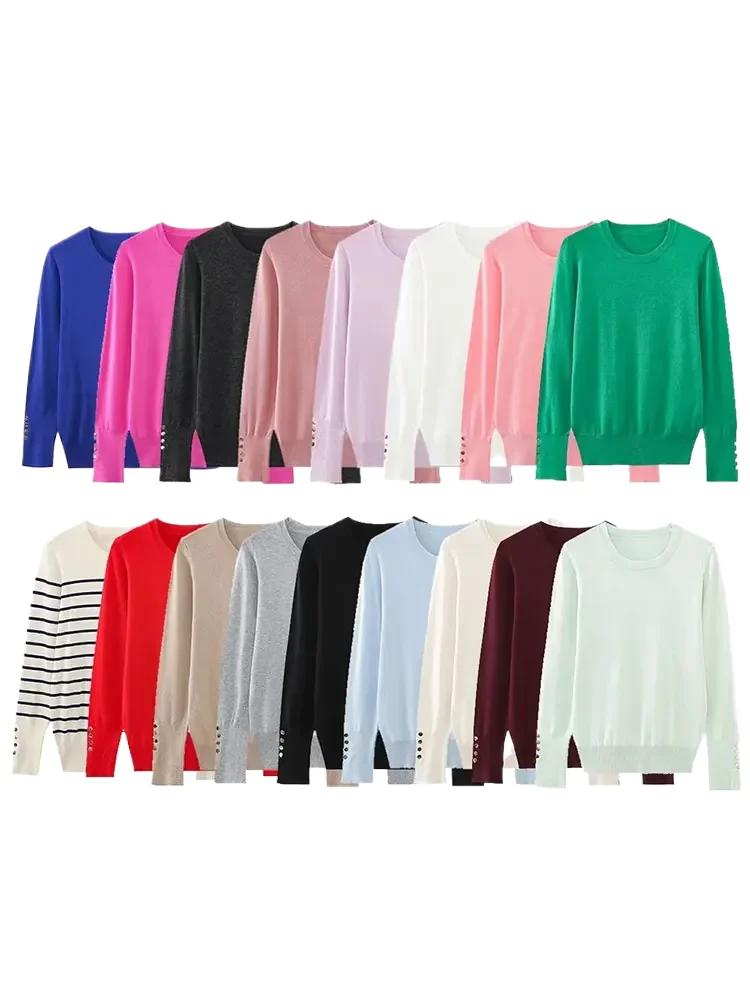 

TRAF 2024 Autumn Women's O-Necked Long Sleeves With Buttons Pullover Sweater Female Casual Solid High-Stretch Ladies Top