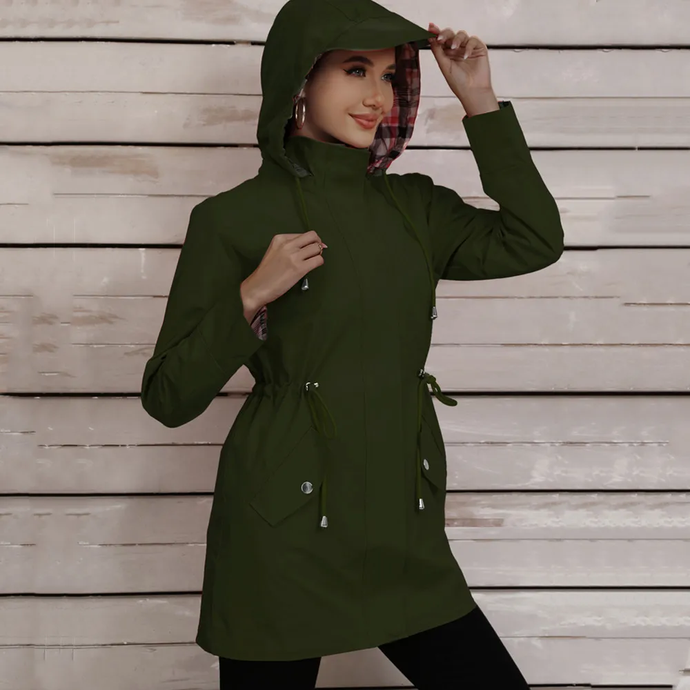 

Autumn Winter Plaid Plush Patch Pocket Long Sleeve Winter Casual Jacket Hooded Outdoor Drawstring Coats Army Green Fall Tops
