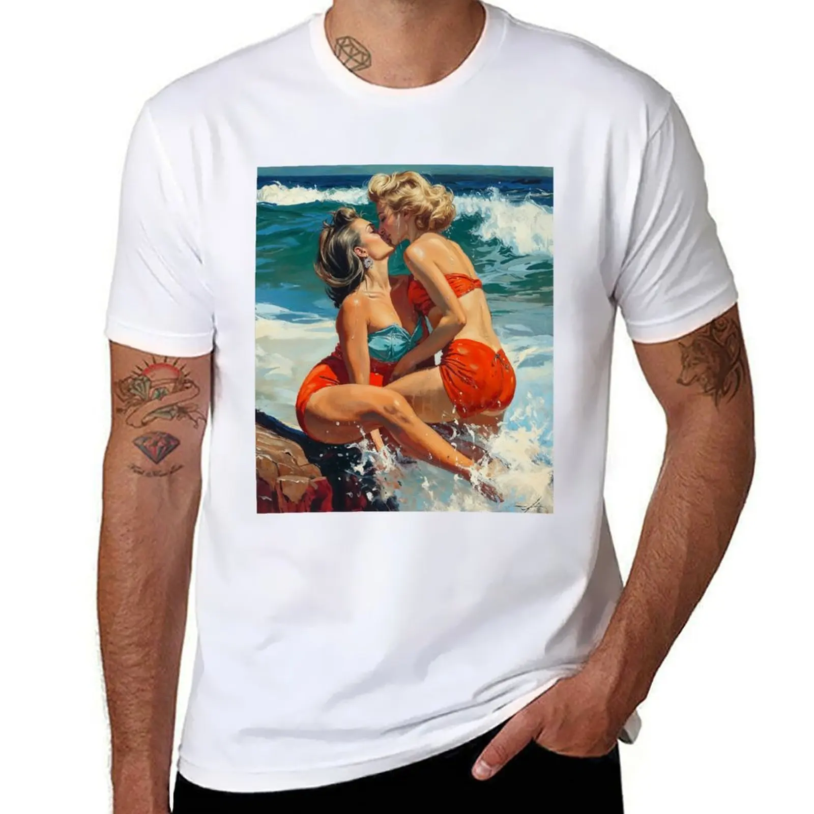 

Seaside Romance: Vintage Mature Lesbian Romance Art by the Waves T-Shirt g man t shirts for men T-Shirt