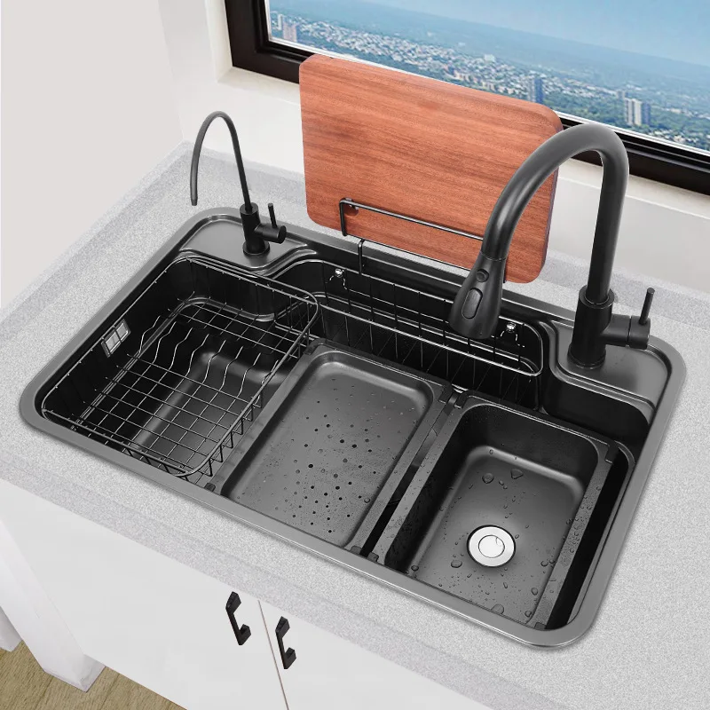 Multifunctional Large Single Sink Black Sink Stainless Steel Kitchen Vegetable Basin Undercounter
