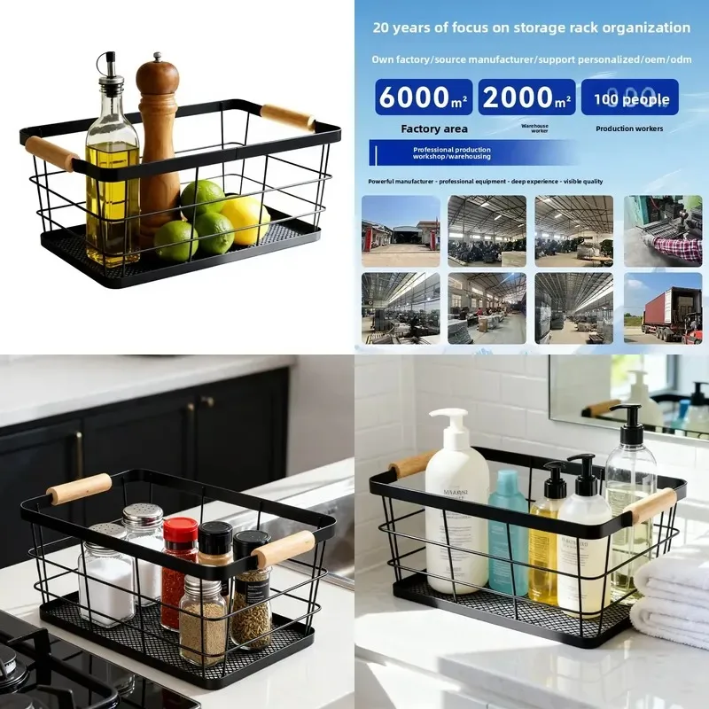 Metal Kitchen Storage Box with Wooden Handle Seasoning Rack Countertop Snack Vegetable Bathroom Basket