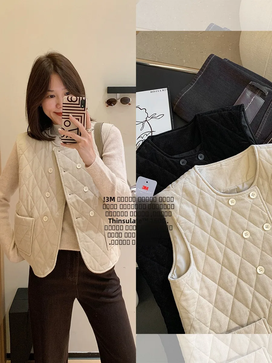 

Новый утепленный женский двубортный жилет из хлопкового вельвета с круглым вырезом, стеганый, для зимних поездок на работу