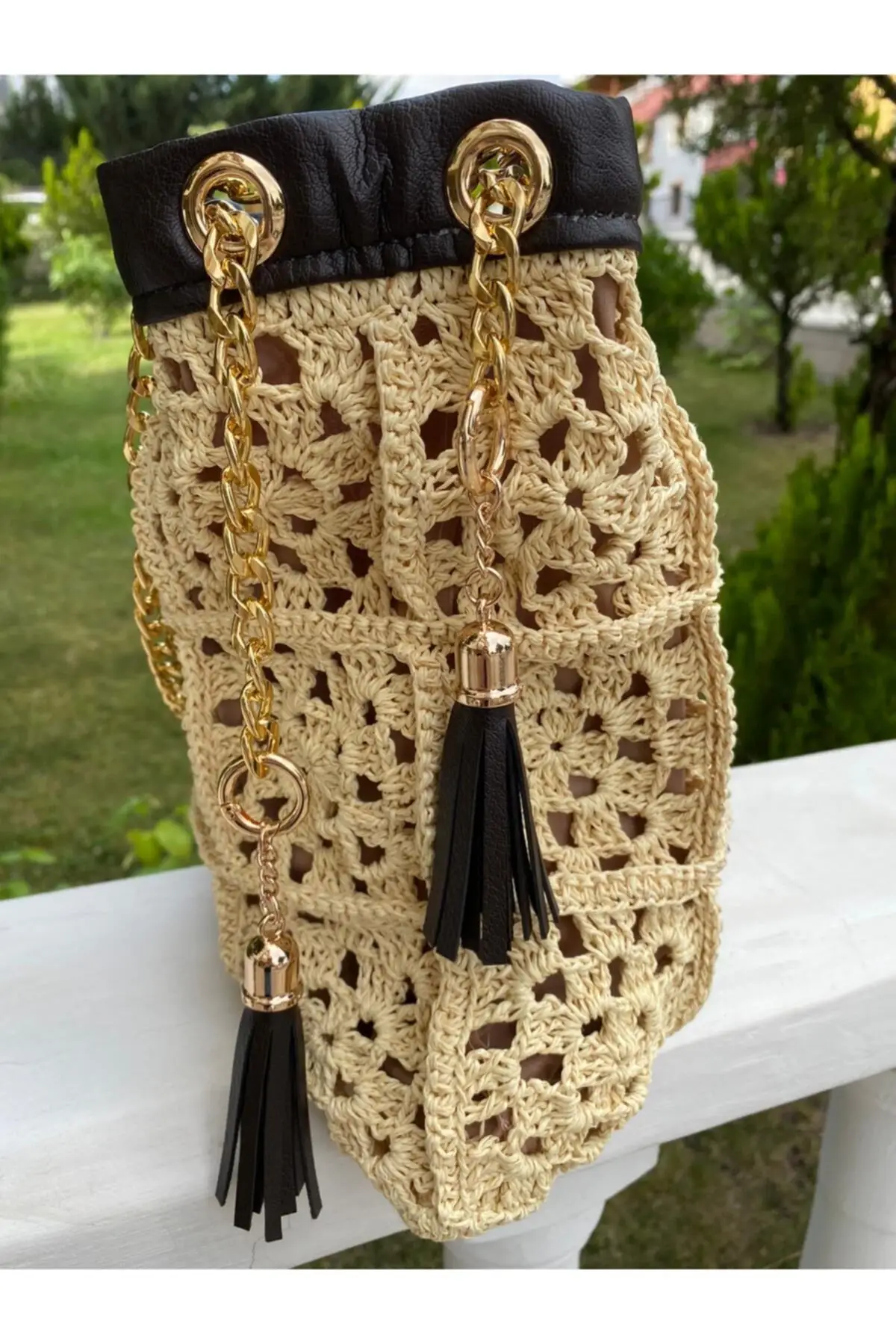 Uras Handmade Lace/mesh Motif, tassels, beige, yellow Zincirli Sleeve/Shoulder Bag Women bag Shoulder Bag Handmade