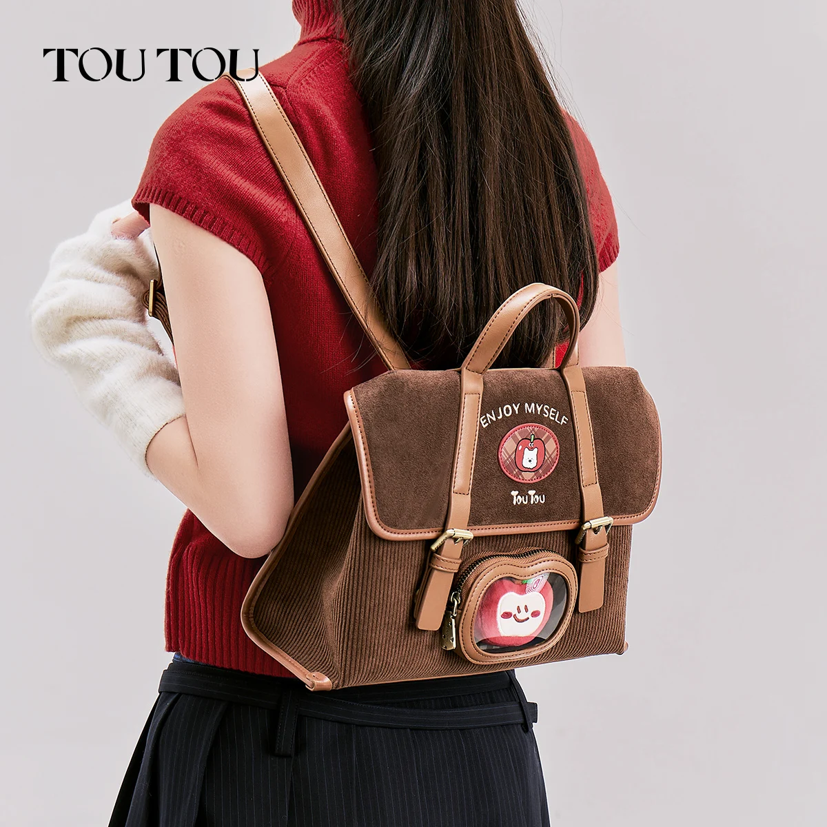 

TOUTOU Women's Bag Corduroy Suede DIY Apple Clear Pocket W/ Plush Doll Fits 11-inch Tab Crossbody ita backpack Women backpack