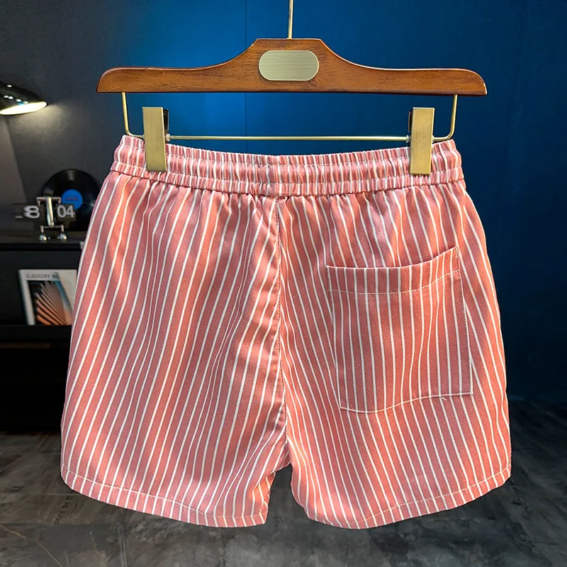 

2025 Summer New Striped Quarter Pants Men's Casual Slimming Straight Tube Ice Feel Drawstring Beach Shorts