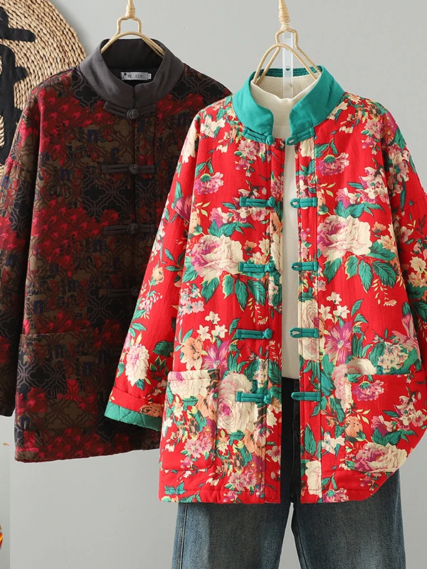 

Thiened Хлопковая зимняя куртка для женщин с пуговицами в этническом стиле, художественная теплая верхняя одежда в стиле ретро, длинное пальто с воротником-стойкой све