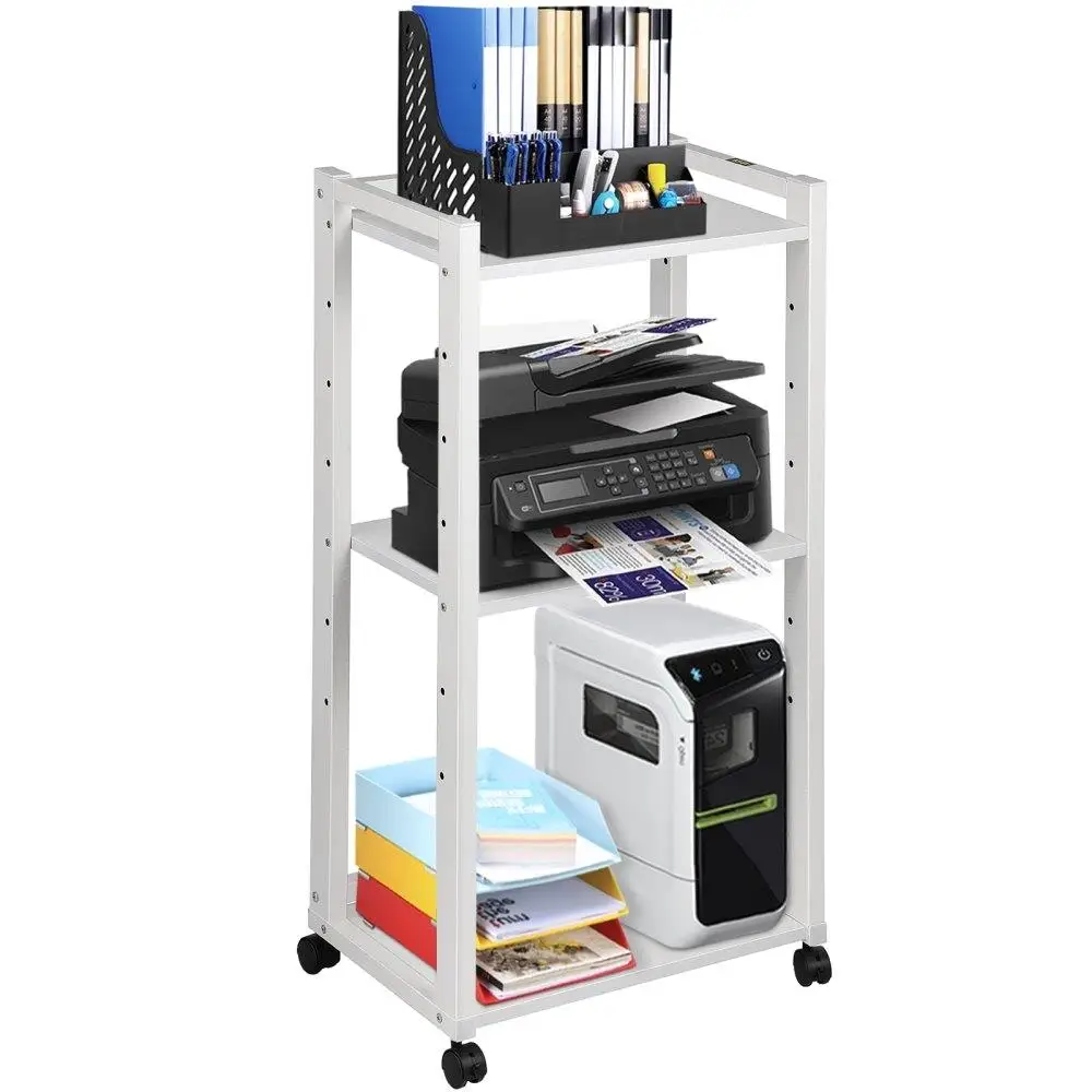 

3 Tier Adjustable Rolling Printer Cart Rack Lockable Wheels for home Office Storage Small Space Organization White