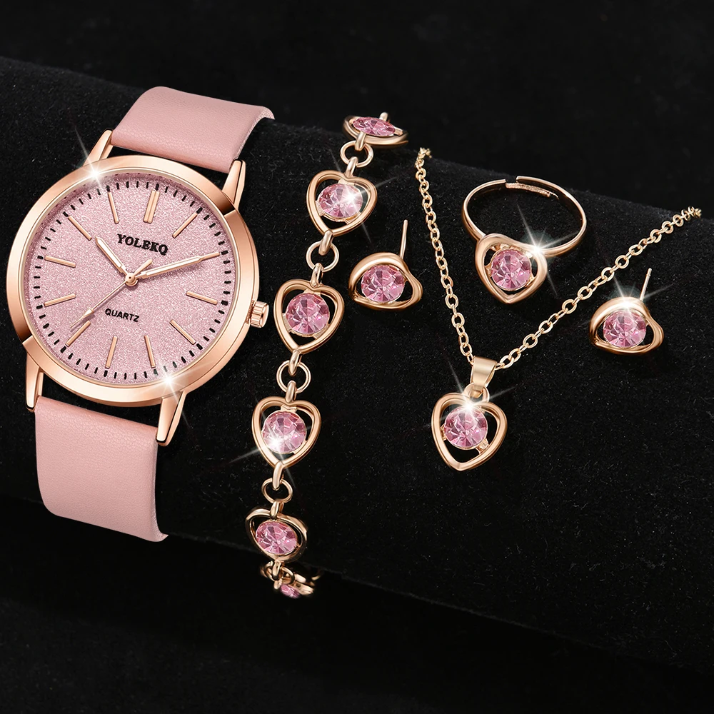 6pcs Women's Casual Quartz Watch Line Scale Pink And Alloy Heart-shaped Bracelet Necklace Earrings Ring Watch Set