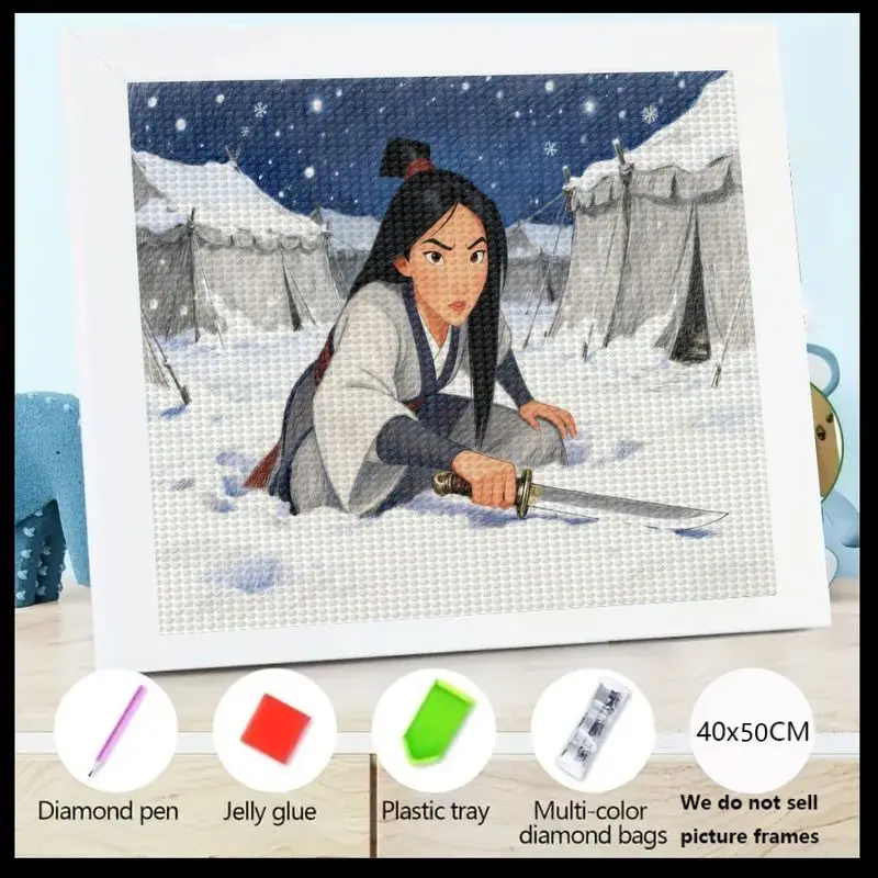 

1PC Mulan Warrior 5D Diamond Painting Kit, DIY Full Drill Crystal Diamond Art Craft, Disney-Inspired Heroine with Sword in Snowy
