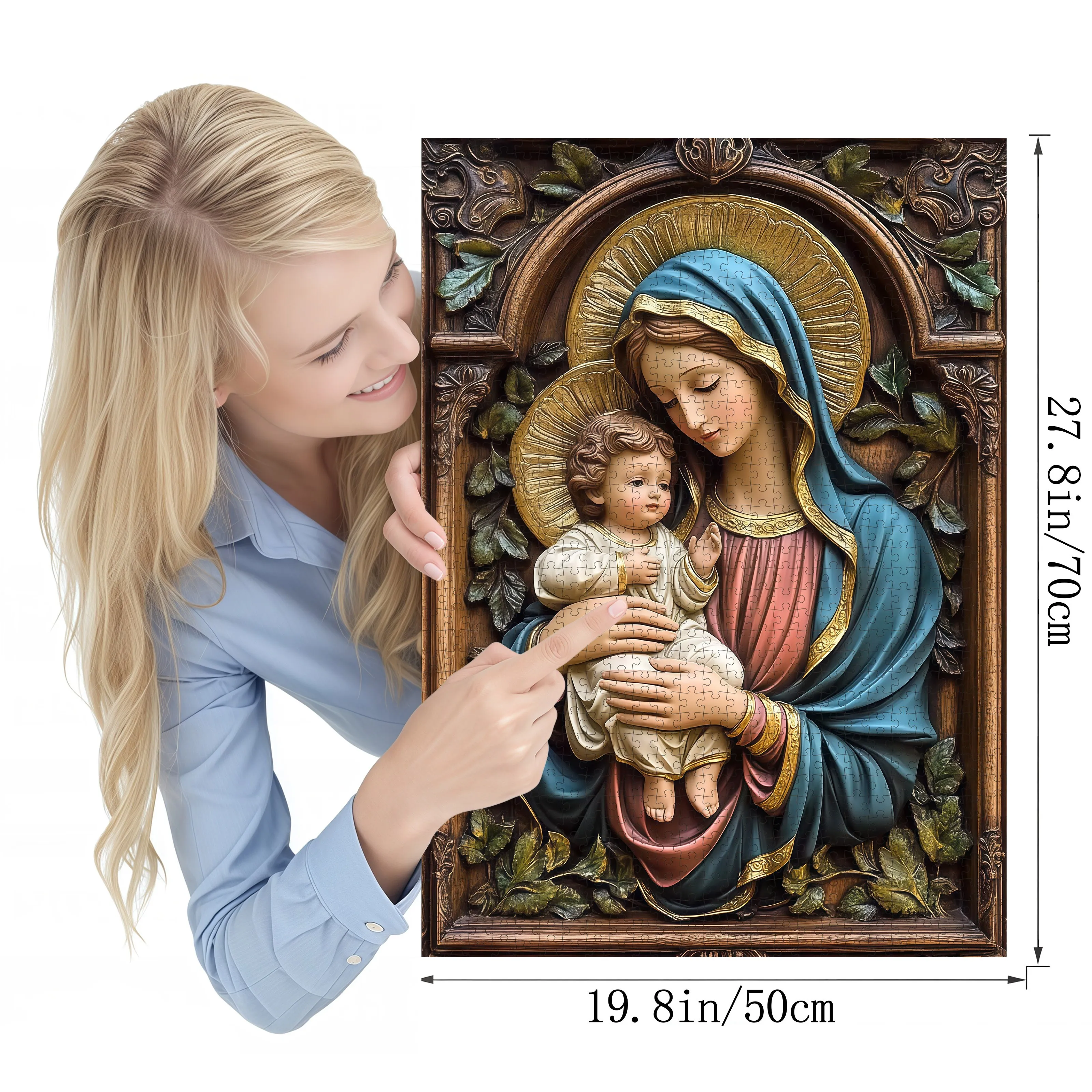 1000pcs Virgin Mary Holding Jesus Jigsaw Puzzle - Thick Paper Religious Art Decorative Puzzle with Intricate Floral Design, Br