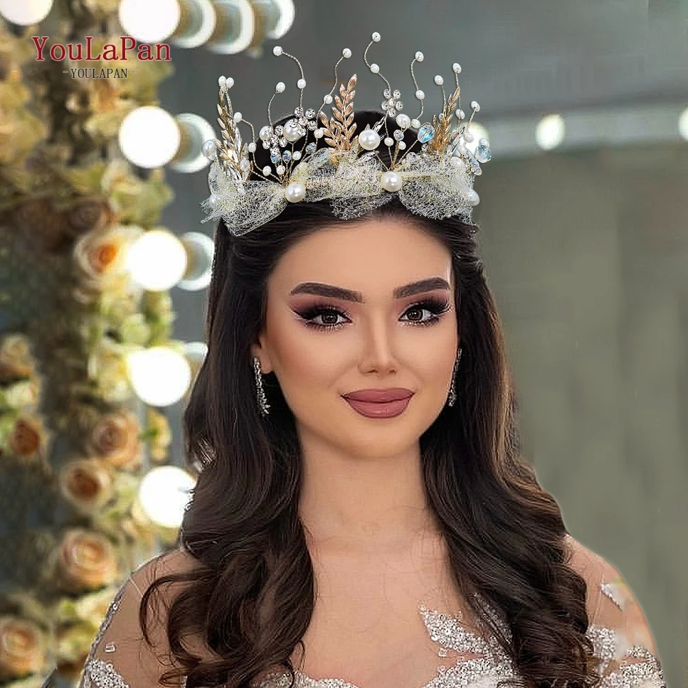 

YouLaPan Gold Color Bride Crown Headband Wedding Hair Accessories For Women Alloy Leaf Pearl Headpieces Bridal Crowns HP943