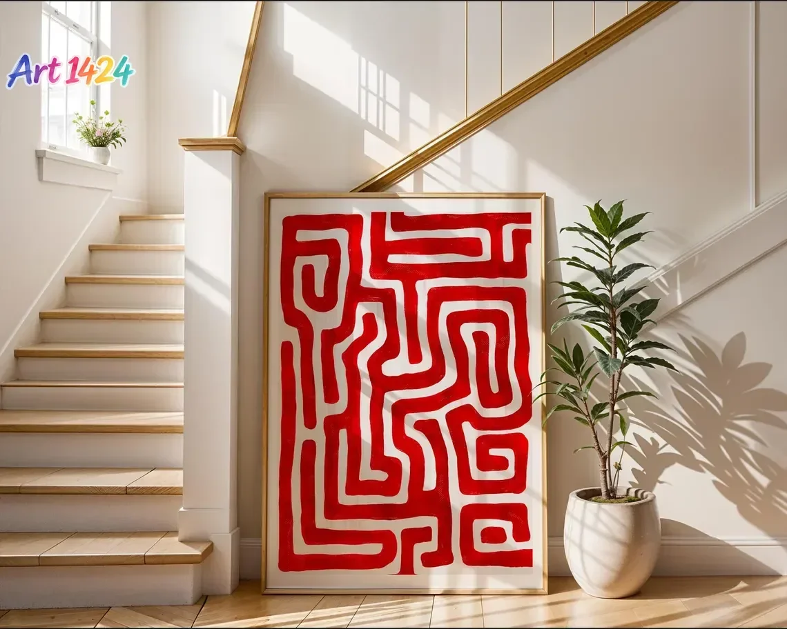 The Cherry Red Maze Large Wall Art | Maximalist Print Living Room Wall Decor | Trendy Poster | Abstract Digital Painting | Digit