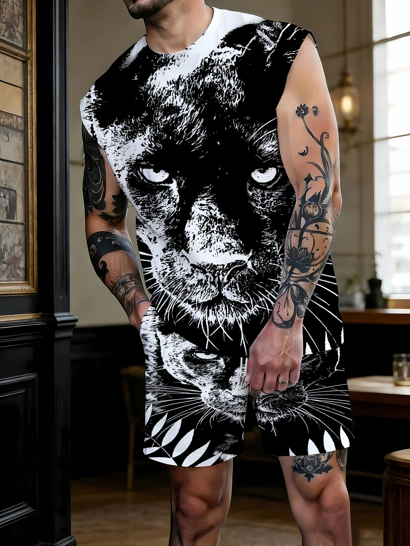 

Men's Summer Sleepwear Set Sleeveless Top and Shorts Breathable Polyester Pajamas EU Size M-XXXL