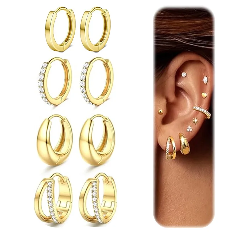 8Pcs/Set Stainless Steel Copper Double-layer Earrings Earbone Nails Fashion Diamond-inlaid Ear Clip Earholes Piercing Jewelry
