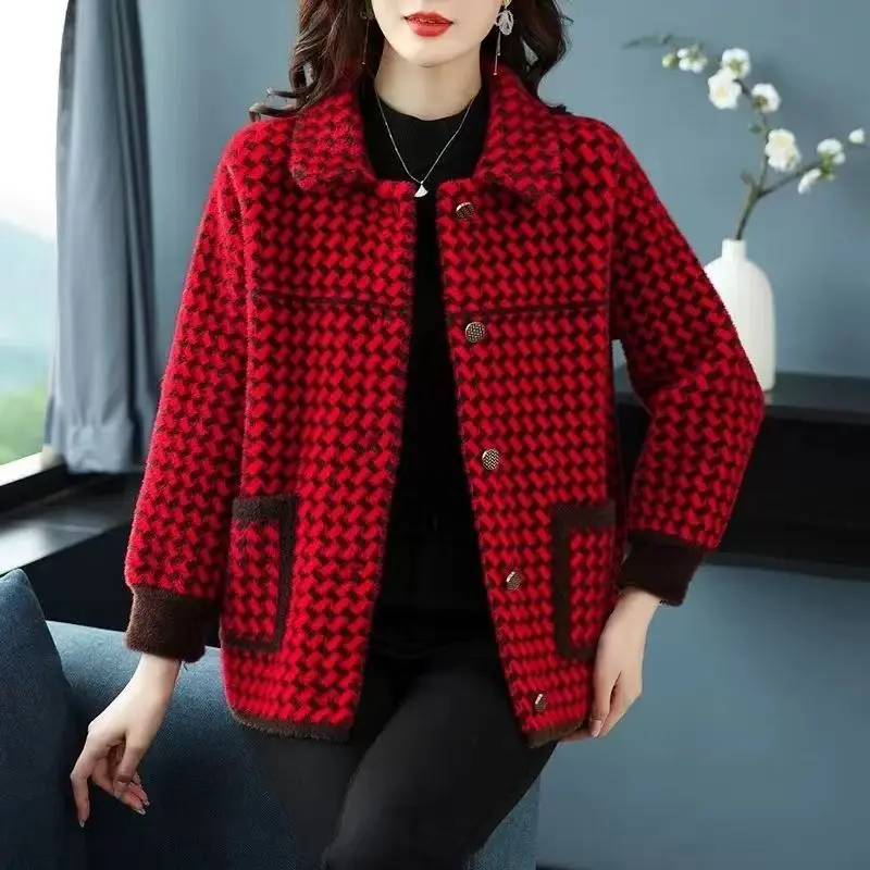 

Female Large Size 4XL Woolen Lattice Outwear Middle Aged Mother Wool Blend Jacket Autumn Winter Women Imitation Mink Fur Coat