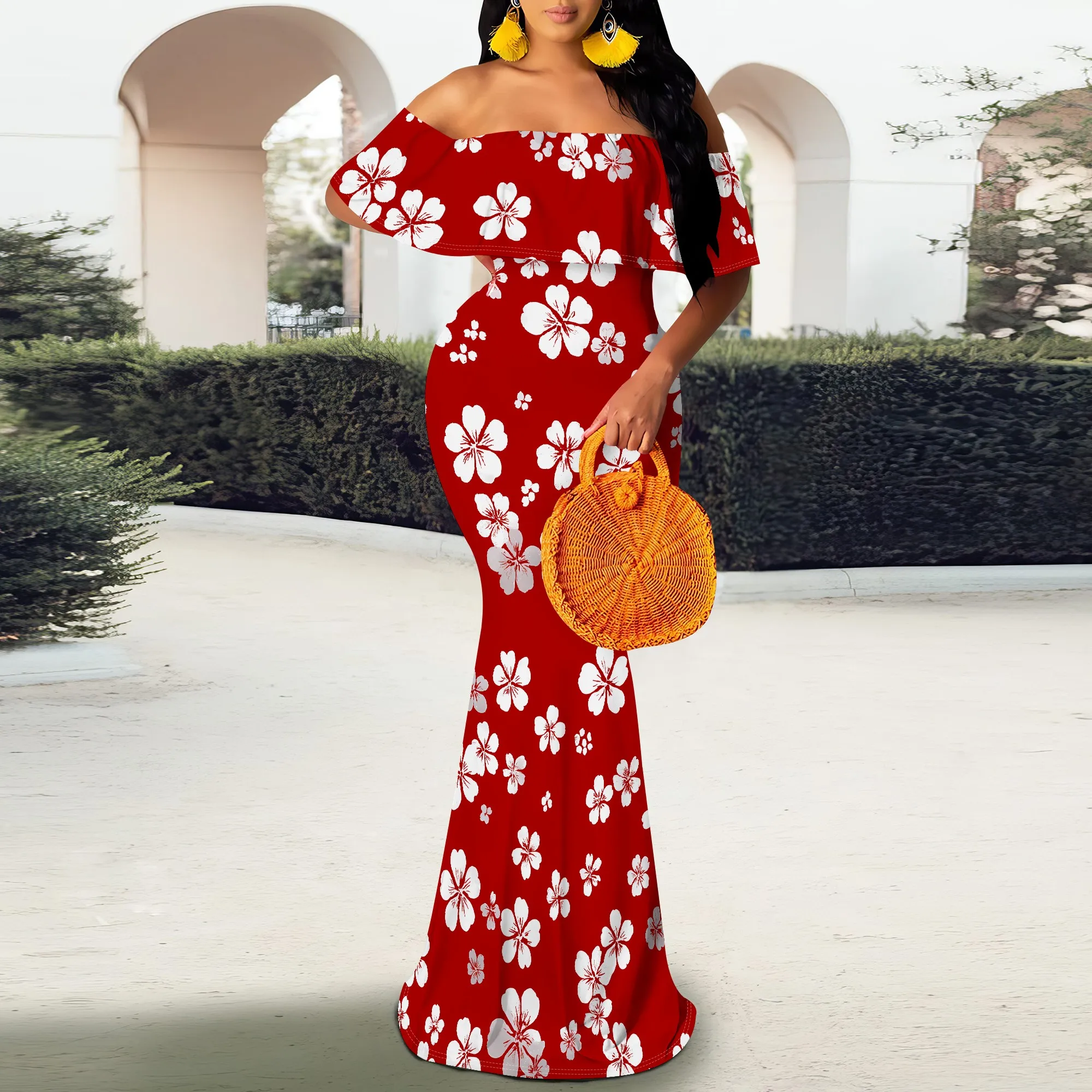 Damska sukienka maxi Nupusa z odkrytymi ramionami i kwiatowym wzorem na imprezy