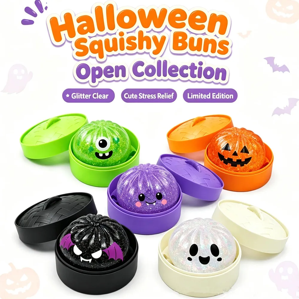 Glitter Halloween Ghost Dumplings Squishy Soft Slow Rebound Resilience Decompression with Steamer Stuffed Shark Bun Gift