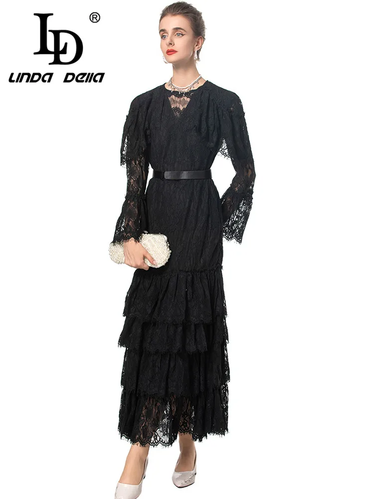 LD LINDA DELLA Lace Hollow Out Dress donna autunno Flare Sleeved Lace-Up Slim Casual Holiday Ball Gown Dresses