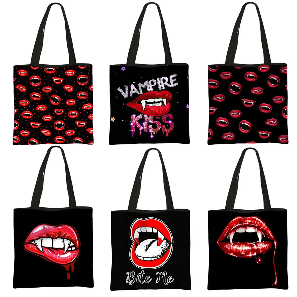 Vampire Bite / Kiss Print Totes Bag Red Lips Women Handbags Large Capacity Shoulder Bags for Travel Lady Beach Shopping Bag Gift